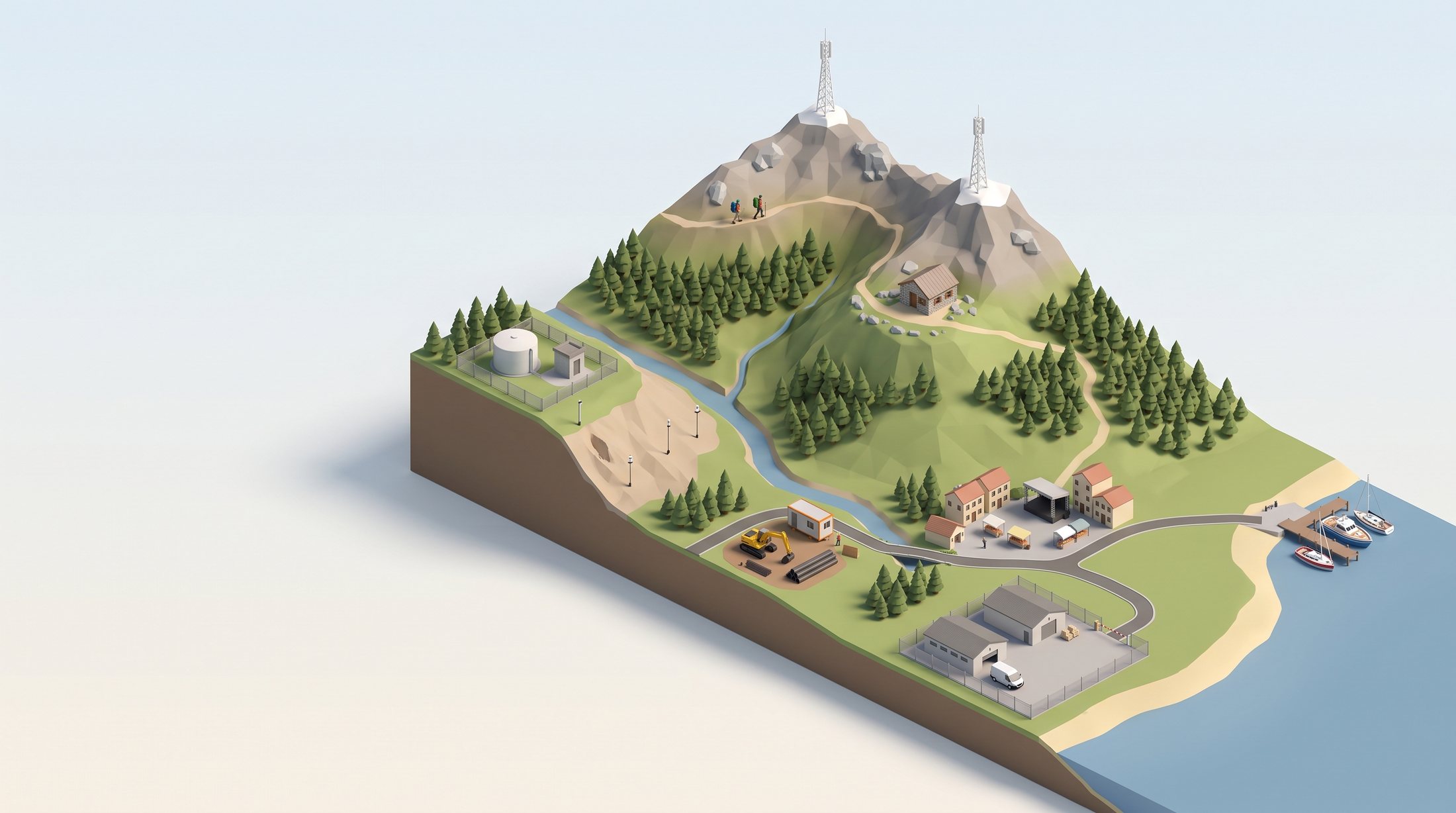 Diorama di una valle dal crinale al mare: tralicci radio sulle cime, rifugio, serbatoio dell’acquedotto, cantiere, paese con palco, area industriale e porto